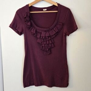 J. Crew 100% Cotton Ruffle Bib Short Sleeve Purple Tee Size M
